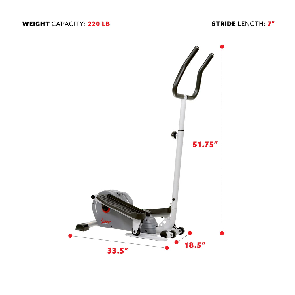 Sunny Health & Fitness Elíptica magnética compacta con manillar – stepper portátil para entrenamiento en casa, modelo SF-E3988.