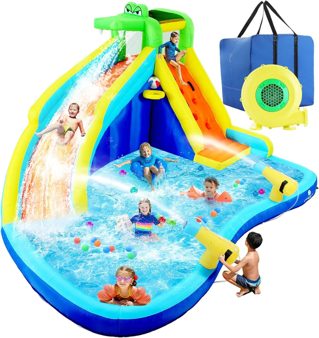 Tobogán acuático inflable 8-en-1 para niños: castillo inflable parque acuático con soplador de 450W, muro de escalada, piscina, 2 pistolas de agua, canasta de baloncesto, tobogán, rociador de cocodrilo – perfecto como regalo y para fiestas en el jard