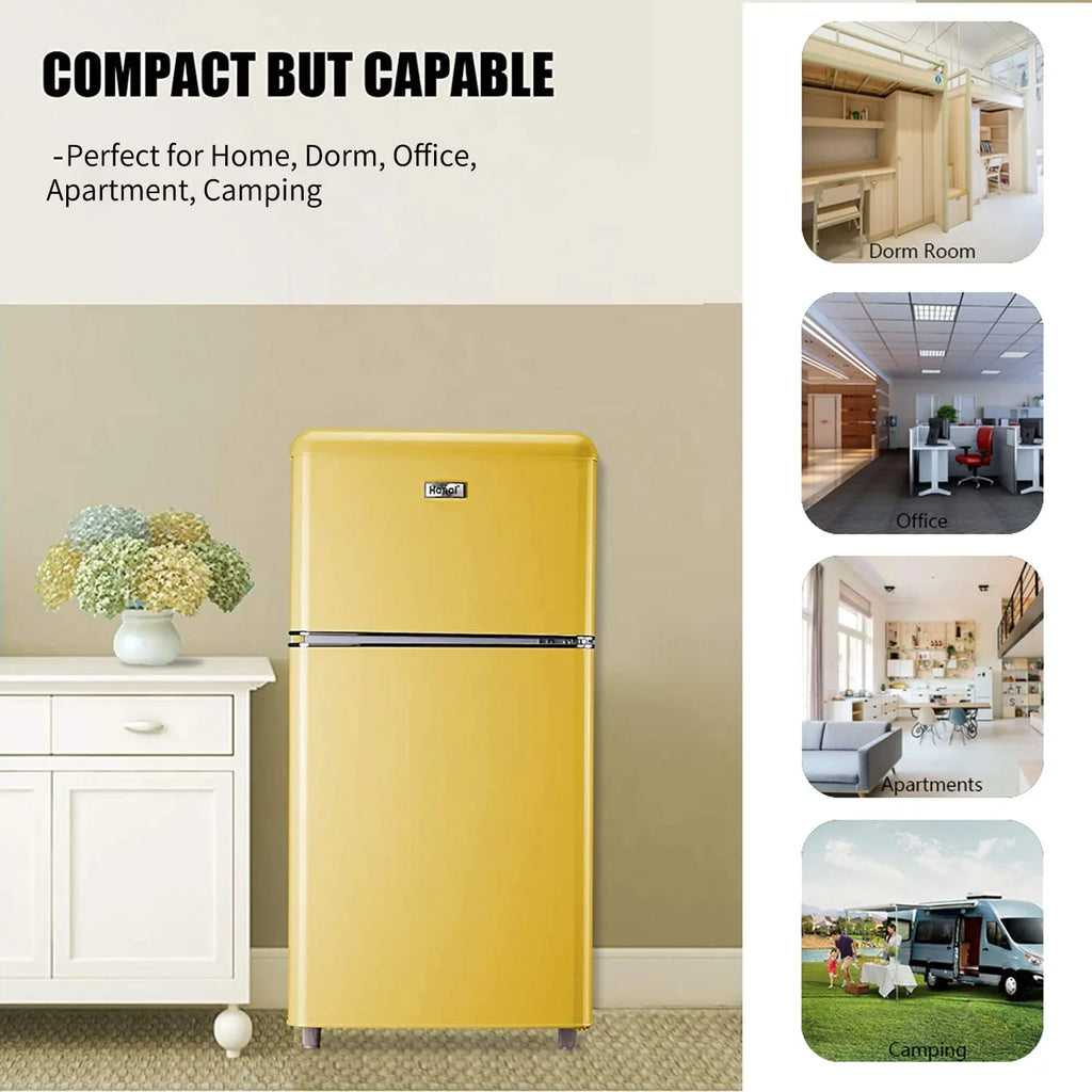 Mini refrigerador WANAI, 3.5 pies cúbicos, doble puerta con congelador, amarillo
