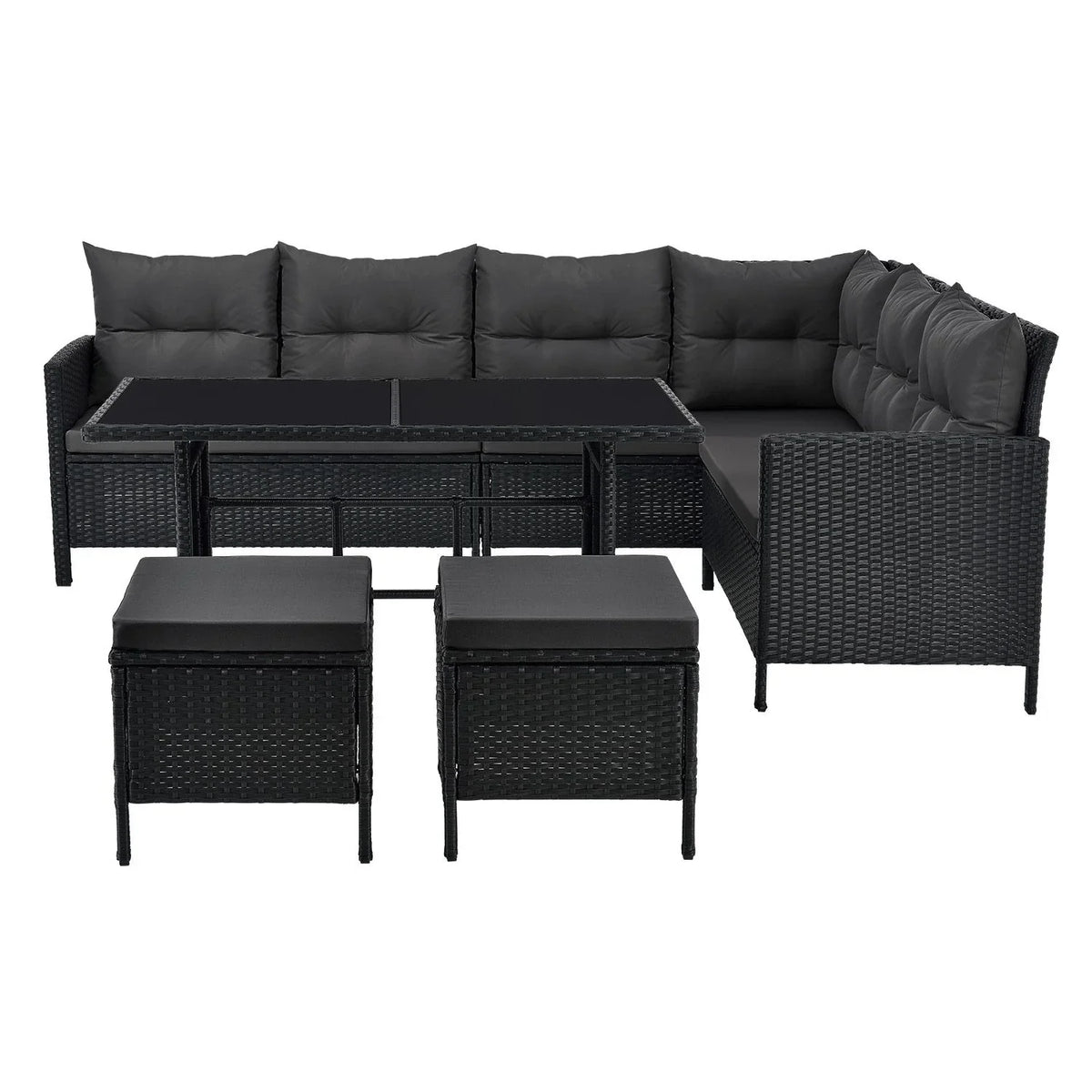 2025 Gartenmöbel-Set Manacor aus schwarzem Polyrattan mit Tisch, 2 Hockern und dunkelgrauen Kissen