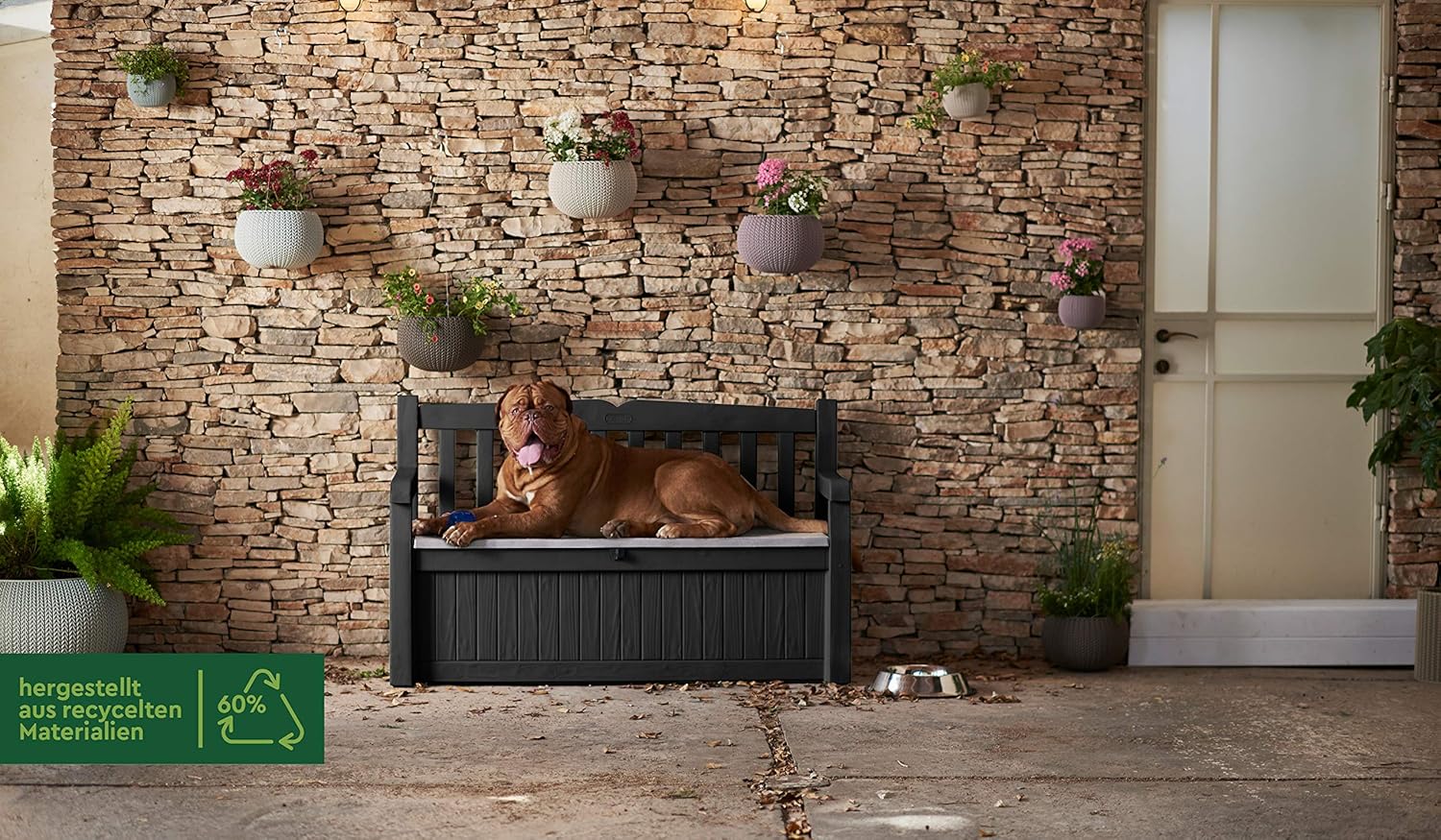 2026 Keter Eden - Banco arcón Exterior, Baúl almacenaje, Capacidad 265L, Resina, Color Beige, 140 x 60 x 84 cm