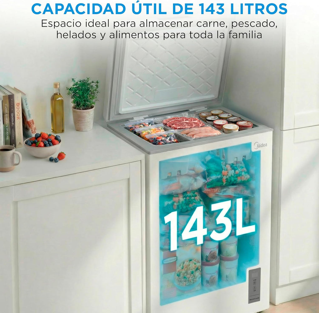 MIDEA Arcon Congelador Pequeño de 143L | Congelador Horizontal Convertible a Frigorífico con Motor Inverter, Control Electrónico de Temperatura, Cestas con Asa | Arcón Silencioso 37 db Bajo Consumo