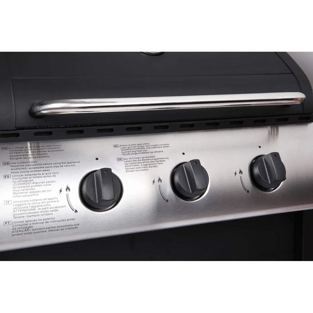 Lofoten - Gasgrill für den Außenbereich 3 Brenner 8,4 kW auf Rädern mit Deckel, 2 verchromte Stahlroste, 2 Seitenablagen, 1 unterer Ablageboden und Thermometer - Schwarz
