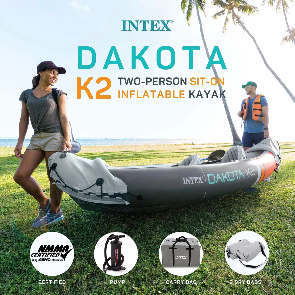 2025 Intex Dakota K2 aufblasbares 2-Personen-Vinyl-Kajak mit Paddeln und Pumpe – Offene Verpackung