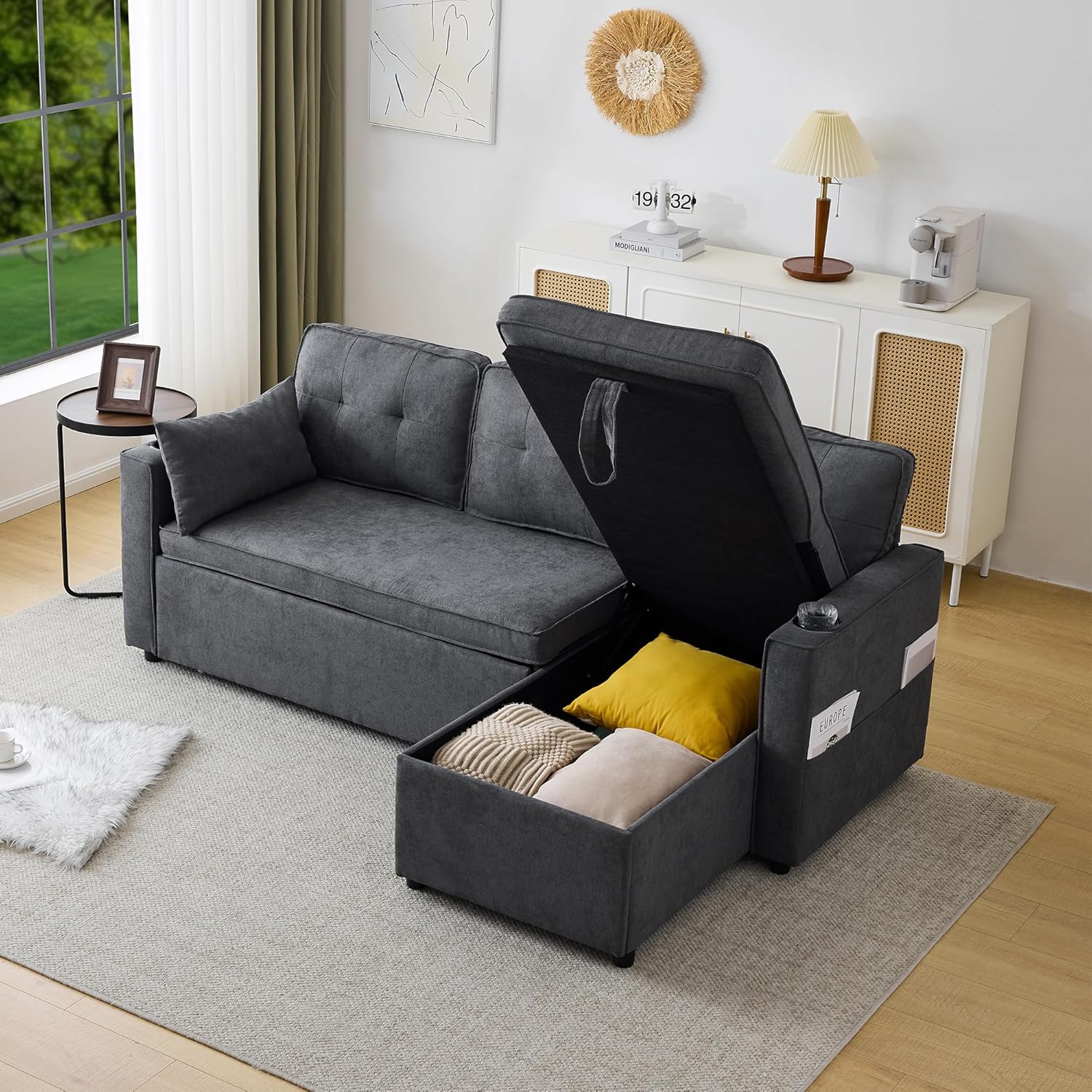 3-Sitzer Schlafsofa mit Getränkehaltern und seitlicher Armlehnentasche, L-förmiges Sofa, rechts und links umbaubar, Grau