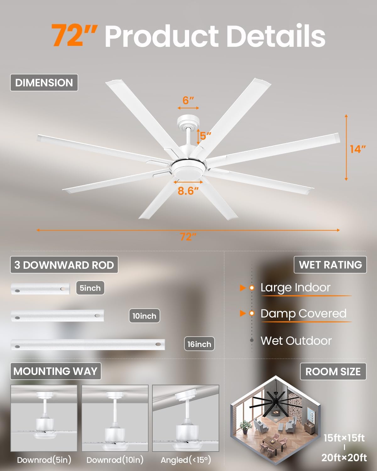 183cm Extra Großer Deckenventilator mit 8 Aluminiumflügeln, Licht und Fernbedienung, geräuscharme Deckenleuchte mit Ventilator und reversierbarem Gleichstrommotor für Terrasse, große Räume