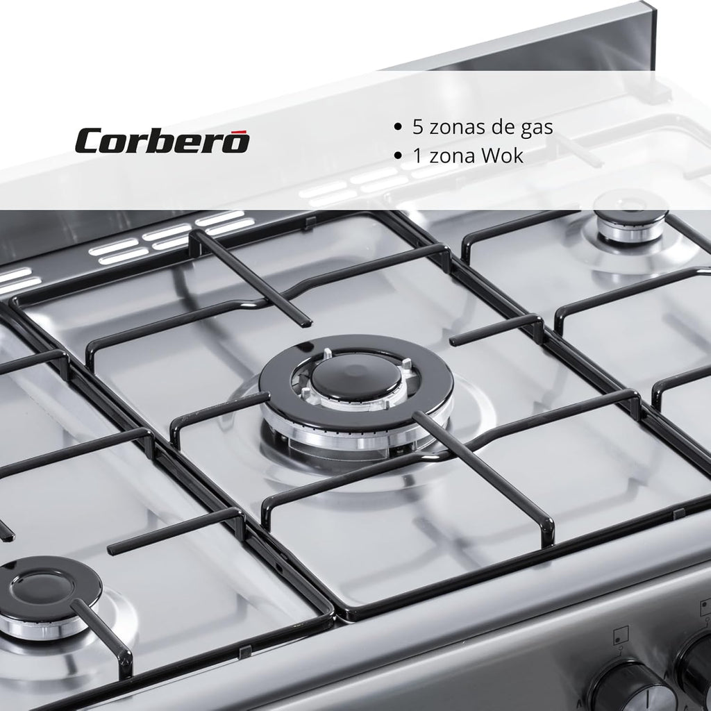 Corbero - Cocina de gas butano 5 fuegos | CC510GB90X | 80x90x60 | Horno de 60L con puerta doble | Wok en medio| Encendido Manual | Cajón calientaplatos| Bandeja y parrilla cromados |Con tapa| Inox