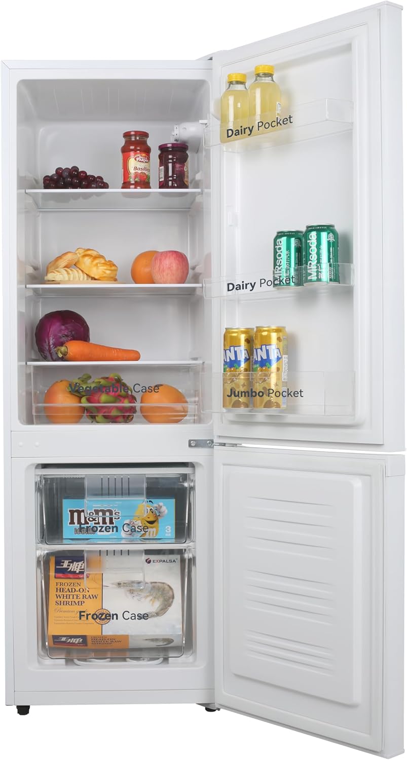 VOK Frigorífico Combi 154L EVR-154DEW, 142 cm Altura x 48,3 cm Ancho, Clase E, Bajo Nivel Sonoro 39 dB, Puerta Reversible, Estanterías Cristal Reforzado, Blanco
