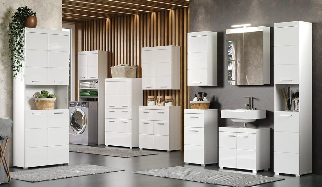 trendteam smart living Hochschrank Bad Amanda, 73 x 132 x 31 cm, in Weiß und Hochglanz Weiß mit Schublade und viel Stauraum
