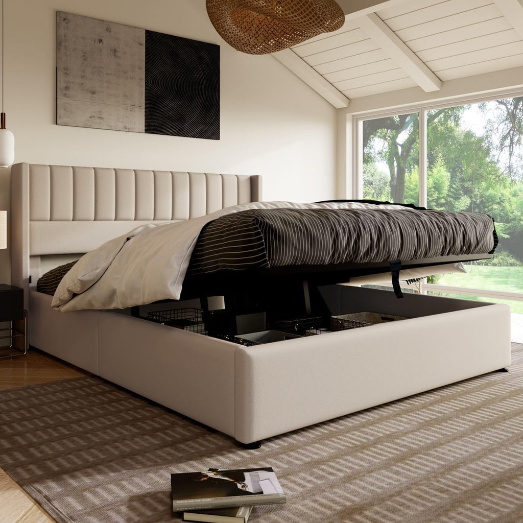 Sweiko Upholstered Linen Bed 180 x 200 cm Hydraulic with Vertical Stripe Design