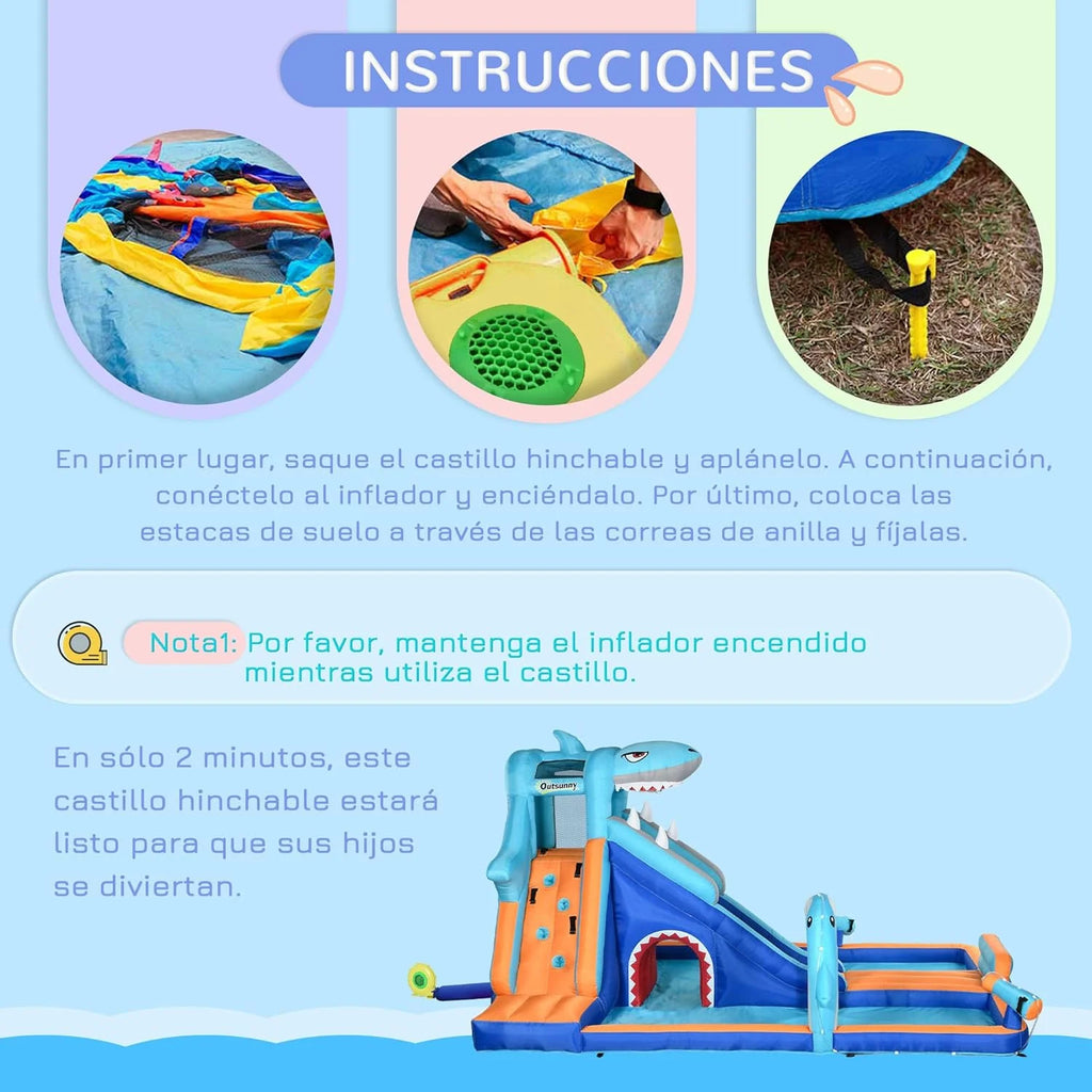 Outsunny Children's Inflatable Castle 6 in 1 Inflatable Castle for Children with Slide Pool Climbing Wall Water Cannon and Shark Themed Carry Bag 440x350x240cm Multicolor
