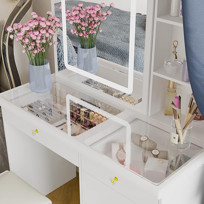 Kosmetik-Set mit verschiebbarem beleuchtetem Spiegel und transparenter Glasplatte