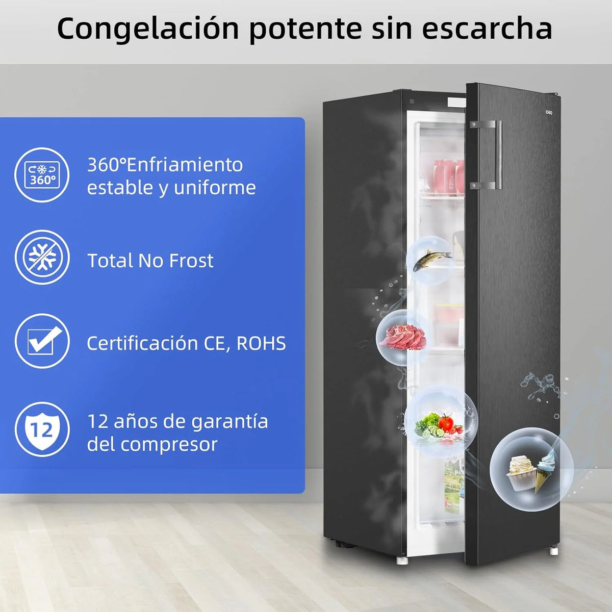 CHiQ Congelador Vertical No frost 166L,FSD166NE4E, Cajones XL, Control de Temperatura Electrónico, Puertas Reversibles, Silencioso, Ice Box, Color Inox Negro, Clase Energética E