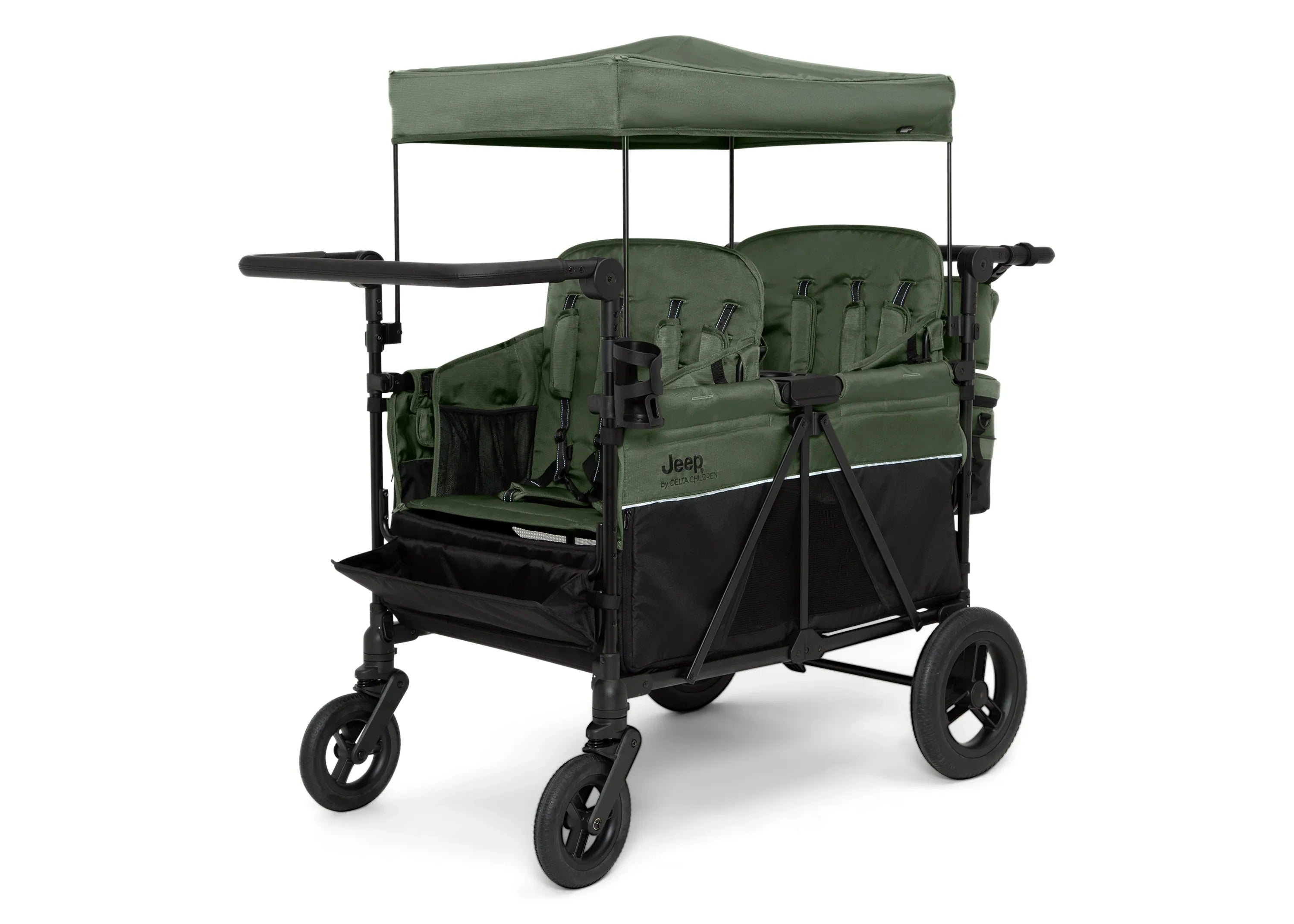 Carrito-Paseador Jeep Wrangler Deluxe para 4 Niños – Capota Desmontable, Bolsa Térmica, Asientos Modulares, Almacenamiento XXL, Ruedas Antipinchazos, Manillares Ajustables