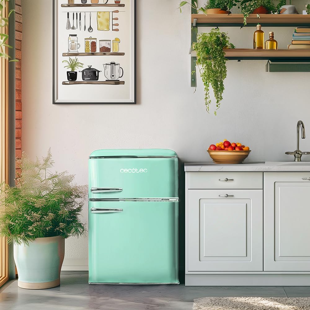 Cecotec Nevera Pequeña - Frigorífico 2 Puertas - Retro 86L - Bolero CoolMarket 2D Origin 86 Green E. 89,3cm de Alto y 48,7cm de Ancho, Clase Energética E, Icebox, Luz Interior y Tirador Cromado, Verde