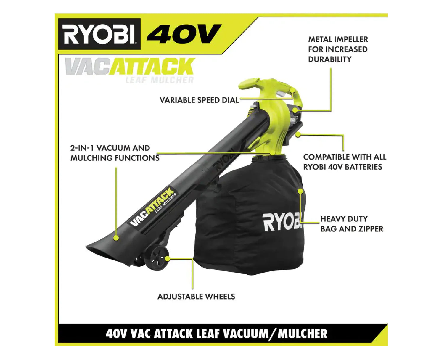 2025 RYOBI RY40451BL 40V 110 MPH 525 CFM Akku-Laubbläser und Staubsauger mit 2 Batterien und 2 Ladegeräten