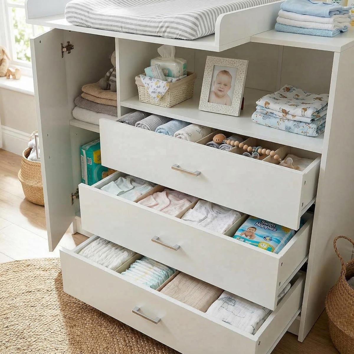 ecomi Cómoda Cambiador para bebé en Madera con Plan de Cambiar, 3 cajones, 1 puerta, Altura 100 cm, Color Blanco, Dimensiones 113x100 cm, tiradores cromados