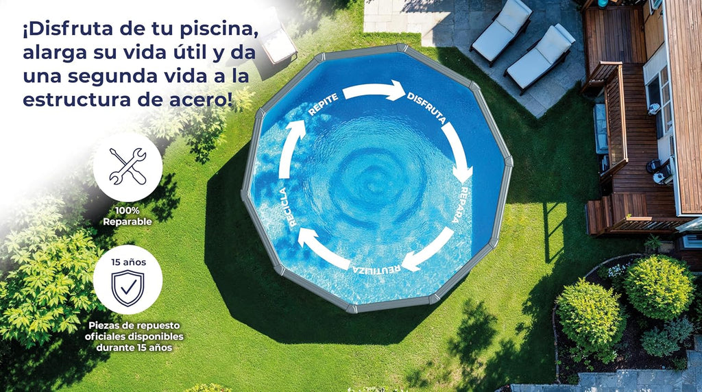 Piscina de Acero Elevada,Redonda con Aspecto Acero Blanco. Piscinas Desmontables para Jardín 350 x 120 cm - Piscina Gre KIT350ECO Fidji.
