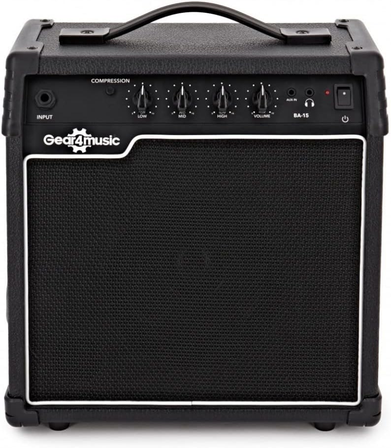 Gear4music Chicago E-Bass-Gitarre mit 15-W-Verstärker, 4 Saiten, schwarz