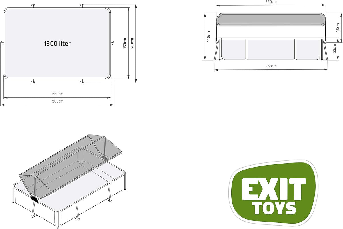 EXIT Toys Wood Pool con Toldo Solar - 220x150x65cm - Piscina de Marco Rectangular Compacta con Bomba de Filtro de Cartucho - Protección UV Óptima - Fácil Acceso - Diseño Único - Marrón