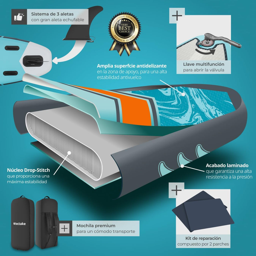 tectake® Tabla de Paddle Surf Hinchable, Incluye Remo 2 en 1, Asiento de Kayak, Bomba de Aire, Mochila de Transporte, Stand Up Paddle, Accesorios Paddle Surf, Tabla Hinchable