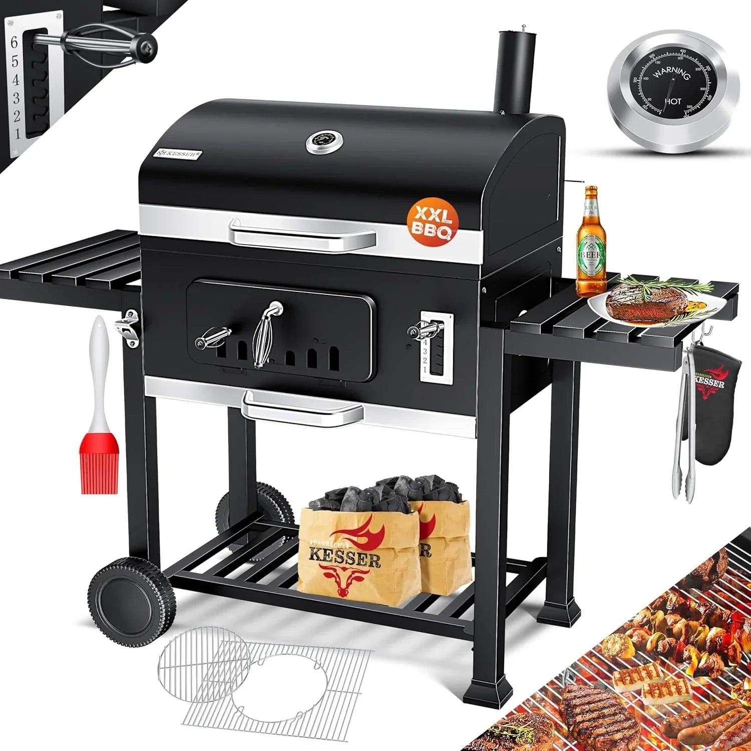 KESSER® Holzkohlegrill mit Grillwagen mit Deckel, Rädern, Edelstahlgriff | BBQ und Thermometer Kohle Großer Grill Camping Terrasse Garten XXL Schwarz