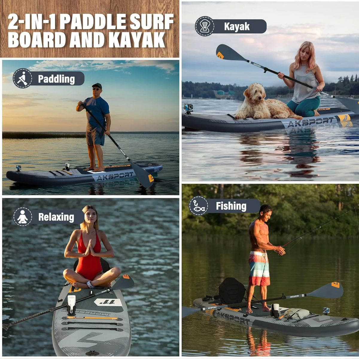 AKSPORT aufblasbares Stand-Up Paddle Board, aufblasbares SUP Board mit komplettem Zubehör, breites und stabiles Design, rutschfestes Deck, Paddleboard für Jugendliche und Erwachsene