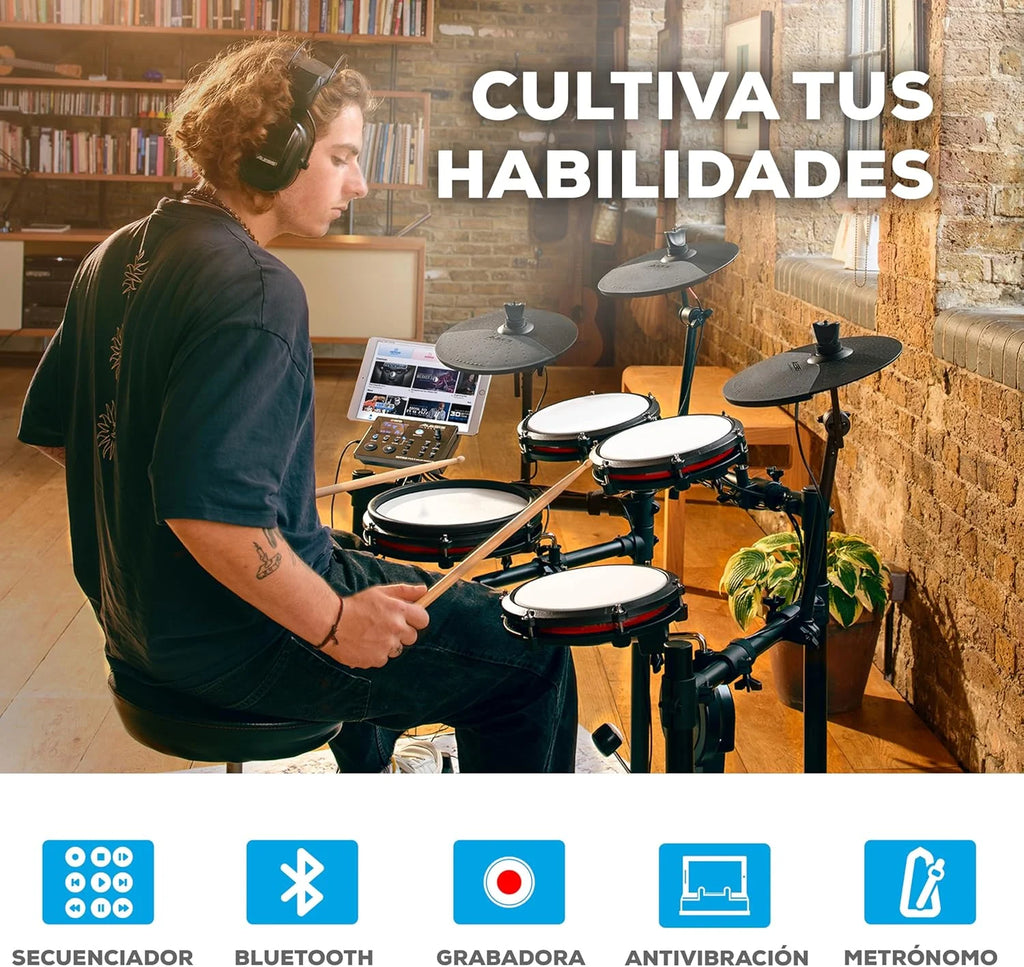 Alesis Nitro Max Kit Batería Electrónica con Parches Silenciosos de Malla, Caja de Doble Zona de 10", Bluetooth, 440+ Sonidos Auténticos, Lecciones Drumeo, USB MIDI, Pedal de Bombo