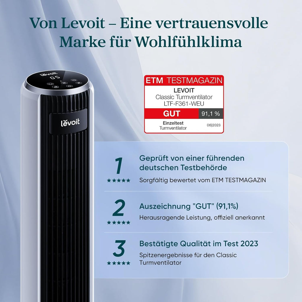Levoit-Turmventilator mit Fortschrittlichem Schlafmodus-Ventilator leise 12Std Timer 4 Modi 5 Geschwindigkeiten-Automatikbetrieb mit Sensor-Oszillation Tower Fan mit Fernbedienung Weiß 92CM