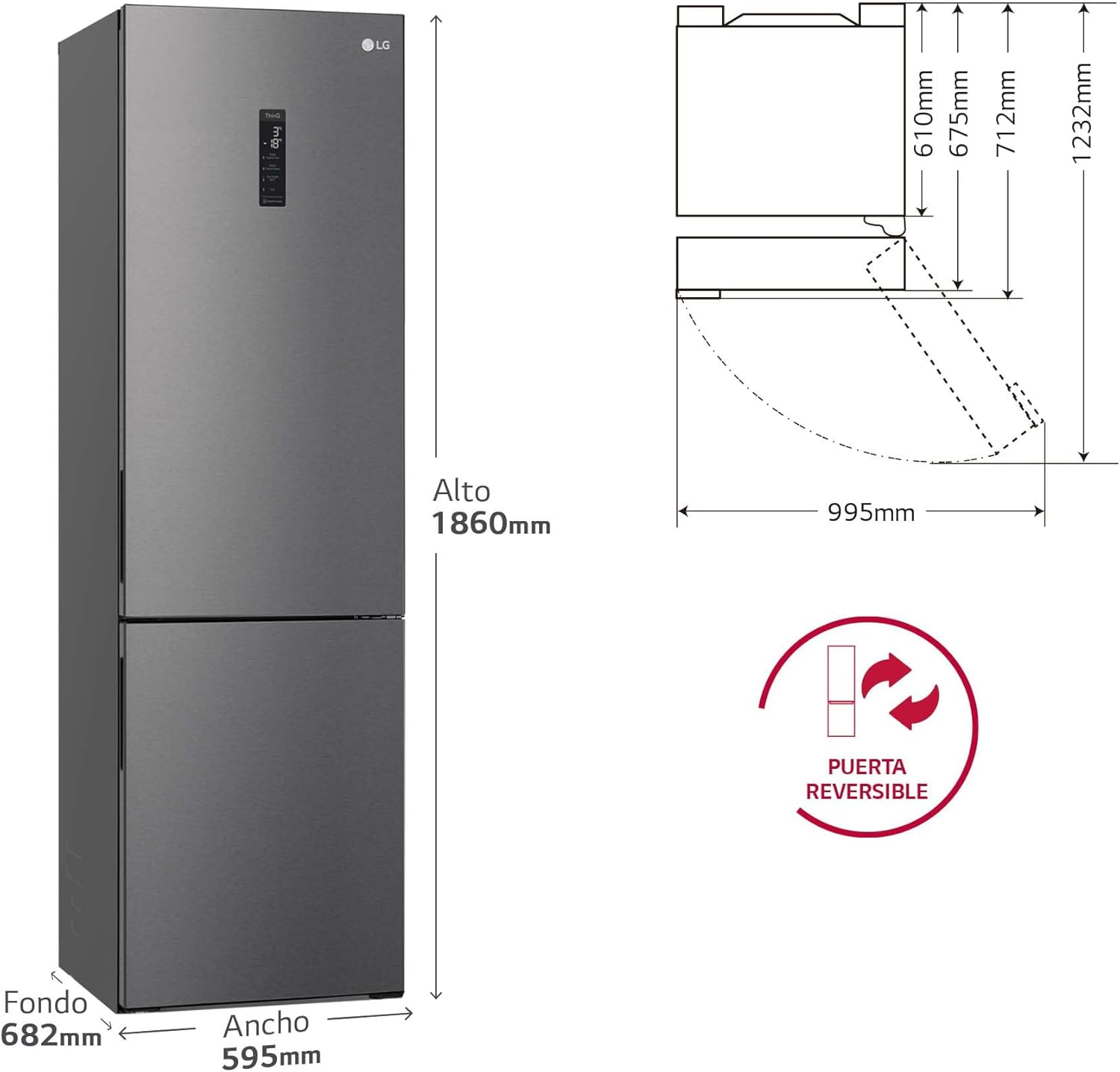 LG GBP61DSXGC - Frigorífico Combi No Frost, Congelador, Compresor Smart Inverter, Color Inox Antihuellas, 186 cm, 341 l