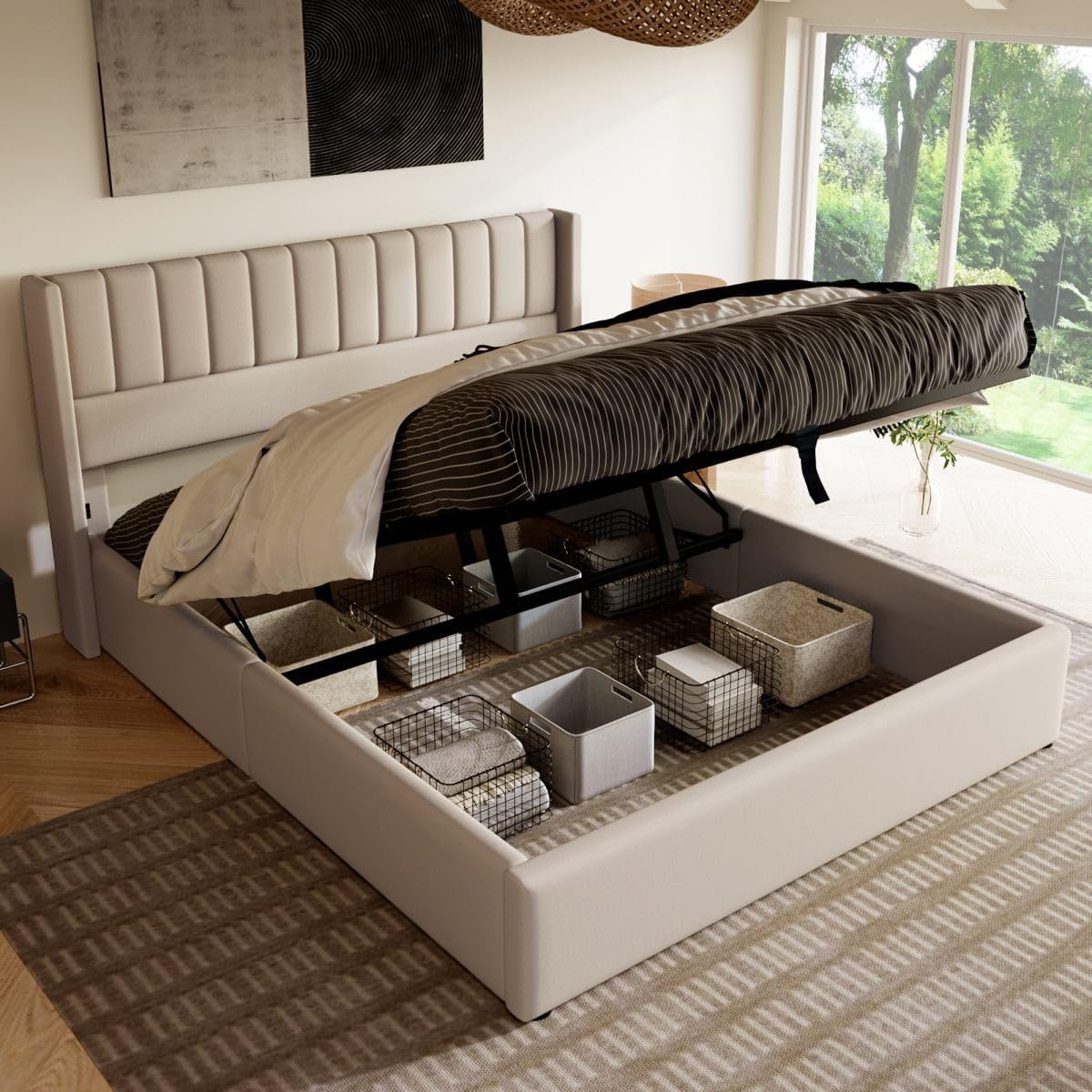 Sweiko Upholstered Linen Bed 180 x 200 cm Hydraulic with Vertical Stripe Design