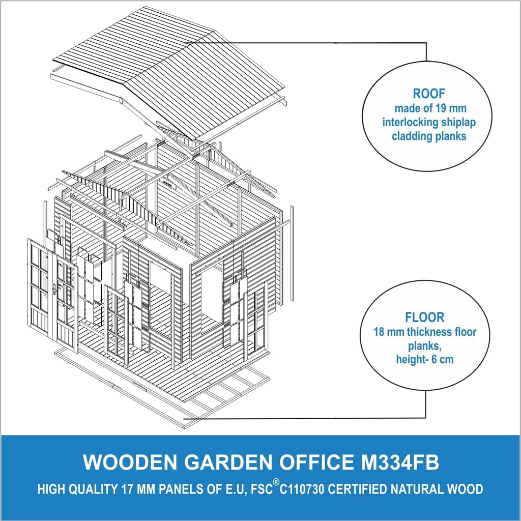 TIMBELA Holz Gartenhaus 6 m2 - Geräteschuppen Garten Außen mit Fußboden, Fenster, Doppeltür - Gartenhütte für Home Office - mit Dachpappe Grün M334FB+H334FBGREEN