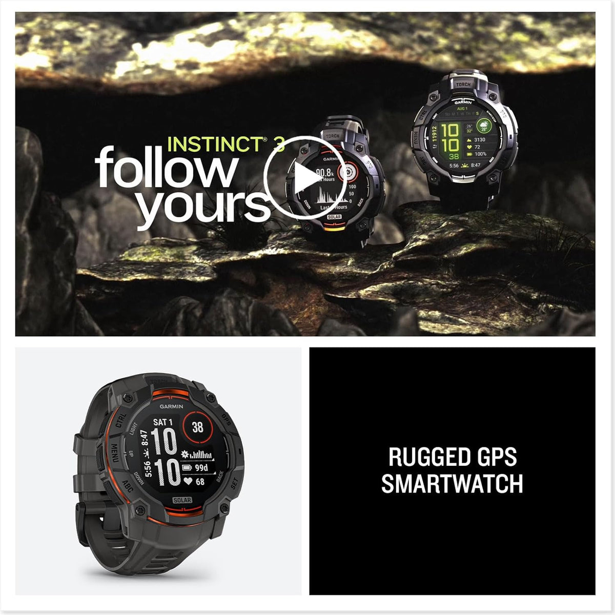 Garmin Instinct 3 GPS 50mm Smartwatch, Solar, Black Bezel