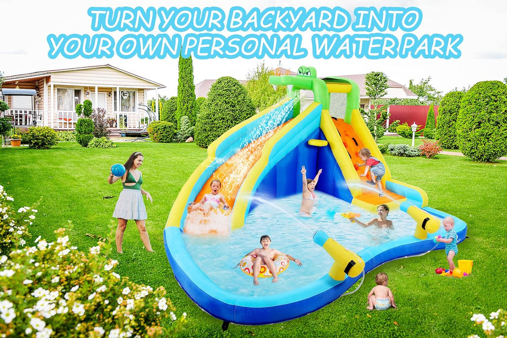 Tobogán acuático inflable 8-en-1 para niños: castillo inflable parque acuático con soplador de 450W, muro de escalada, piscina, 2 pistolas de agua, canasta de baloncesto, tobogán, rociador de cocodrilo – perfecto como regalo y para fiestas en el jard