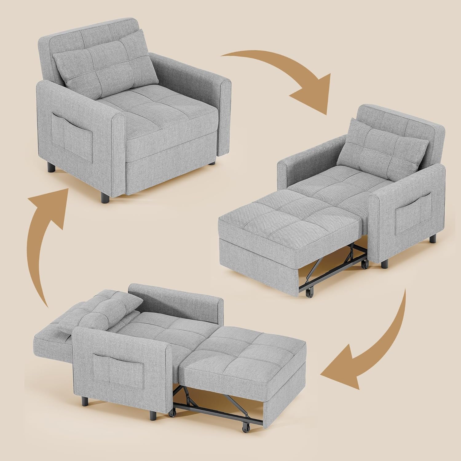 Gizoon Sofá cama 3 en 1 convertible, silla cama individual extraíble con respaldo ajustable, espaciosos sofás multifuncionales para sala de estar, dormitorio, apartamento