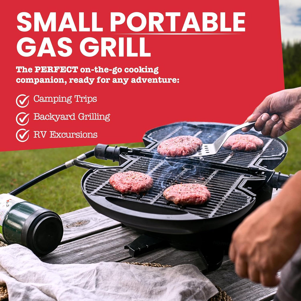 NOMADIQ Tragbarer Propangasgrill | Kleiner, kompakter und leichter Tischgrill | Perfekt für Camping, Heckklappenpartys, Kochen im Freien, Wohnmobile, Boote, Reisen (Grill)