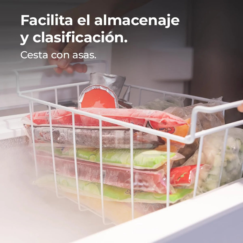Cecotec Congelador Horizontal 198L Bolero CoolMarket Chest 198P White E. Cesta con Asas, Control Electrónico LED, UltraContact D-Cool, Dual Function, Puerta ZeroG (80º-30º), Fast Freezing, Compacto