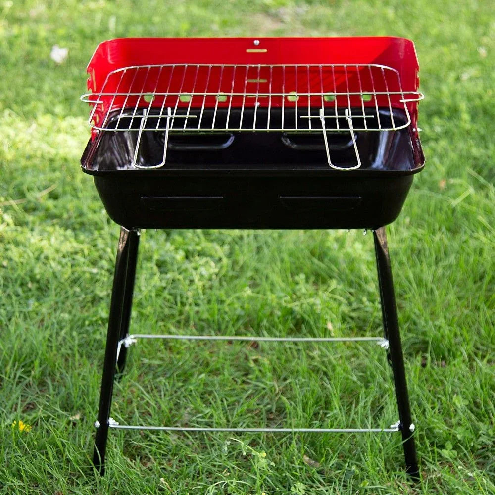 Barbacoa Portátil Carbón Con Cortavientos Y Parrilla Regulable En Altura 42x42x54 Cm - Acero. Negro Y Rojo