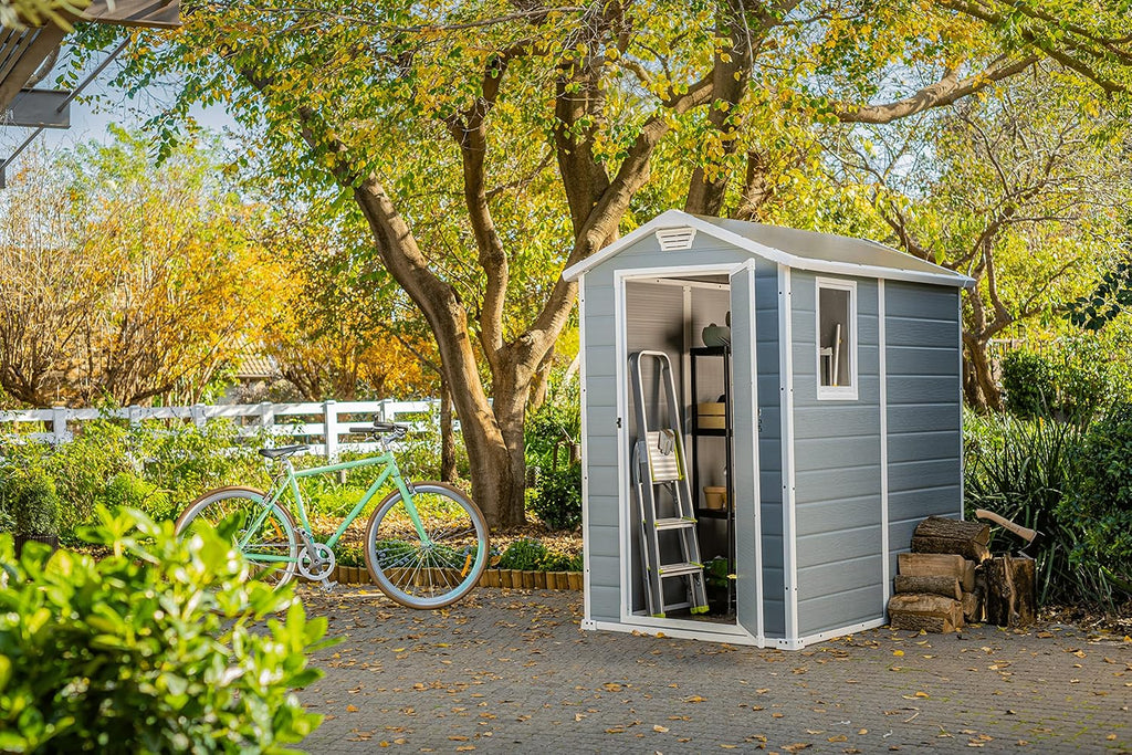 2026 Keter Manor 4X6 - Caseta de jardín, 130x192x198cm y 2,2m2, Suelo, Sistema de ventilación, Puerta y Ventana, Resistente al Agua, Color Gris