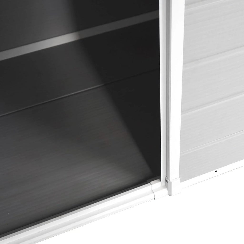Wasabi - Caseta de Resina Jardín Unit 1.4 – Ventana Luz Natural - Suelo Incluido - Paneles 12mm de Espesor - Gris Blanco - Cobertizo PVC Almacenaje Exterior - 1,37m2 - Techo Plano