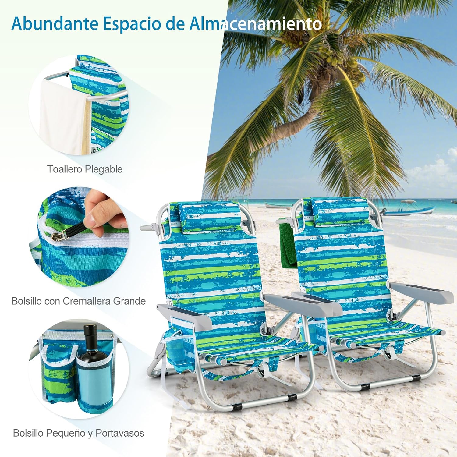 COSTWAY Silla Plegable de Playa, Tumbona con 5 Posiciones, Portavasos, Bolsillos de Almacenamiento, Correas de Hombro, Soporte para Toallas, Almohada, 150kg (Verde+Azul,1)