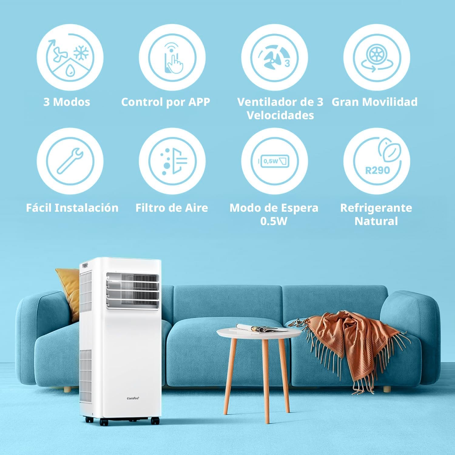 COMFEE Pingüino Mobile Klimaanlage 9000 BTU/2300 Frigorien Breezy Cool Pro – Klimagerät ohne Außeneinheit, geringer Verbrauch, App-Steuerung und Fenster-Kit – Kühlen, Lüften und Entfeuchten