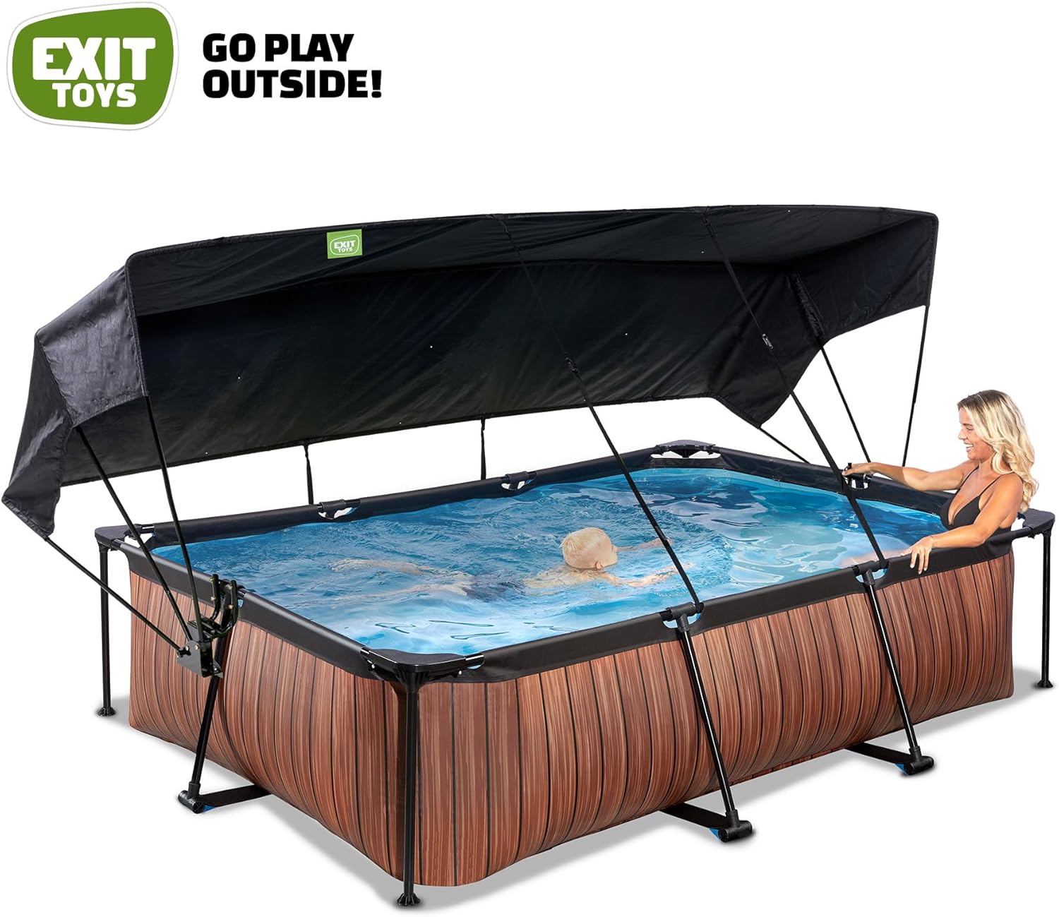 EXIT Toys Holzpool mit Solardach - 300x200x65cm - Kompakter rechteckiger Rahmenpool mit Kartuschenfilterpumpe - Optimaler UV-Schutz - Einfacher Zugang - Einzigartiges Design - Braun