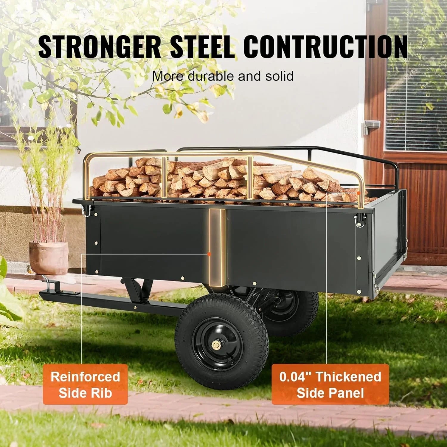 VEVOR Kippanhänger, Ladekapazität 340 kg, robuster Garten-Nutzanhänger mit abnehmbaren Seiten, 0,4 m³ Kipp-Transportwagen für Traktor, Rasenmäher, ATV, 200x66x76cm