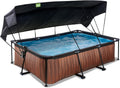 EXIT Toys Wood Pool con Toldo Solar - 220x150x65cm - Piscina de Marco Rectangular Compacta con Bomba de Filtro de Cartucho - Protección UV Óptima - Fácil Acceso - Diseño Único - Marrón