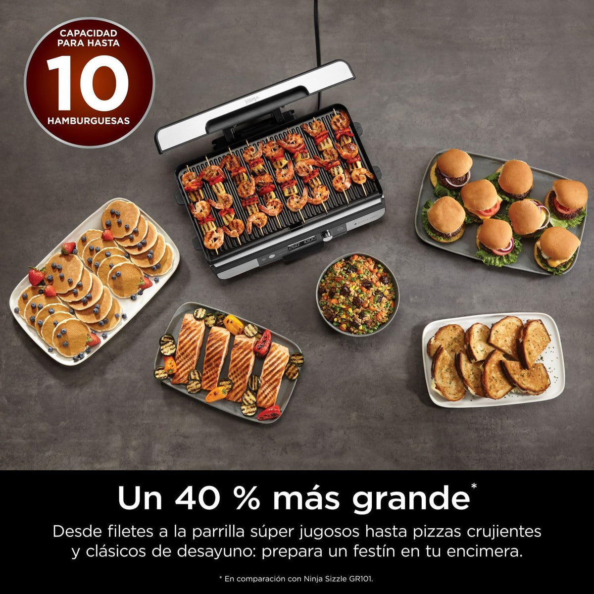 Ninja Sizzle Pro XL Indoor Grill und Bratplatte mit antihaftbeschichteter Keramik-Grill- und Bratplatte, abnehmbarem Deckel, Fettauffangschale und Rezeptheft, Silber/Schwarz GX101EU