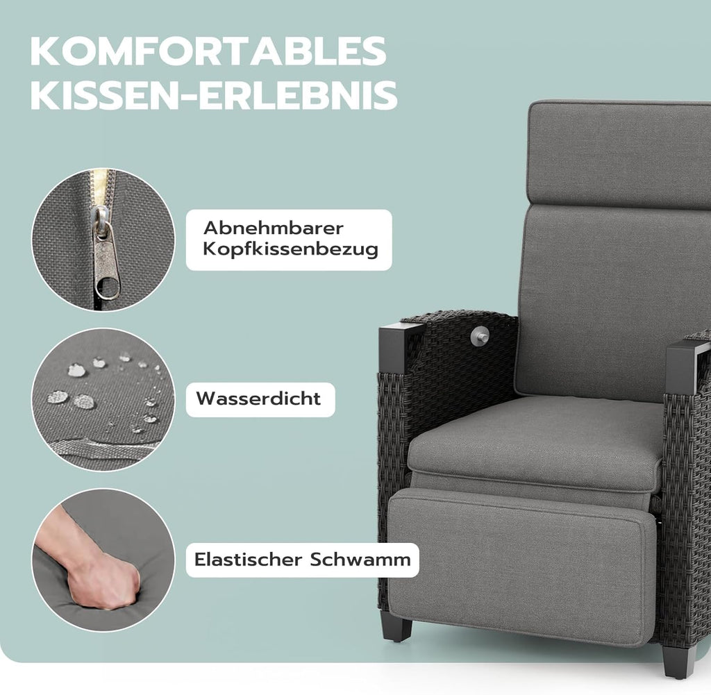 UDPATIO Sillón Ratán Jardin Exterior Reclinable, Tumbona de Jardín Ajustable 150°, con Respaldo Ajustable, Fundas + Extraíbles Cojines, Impermeable, para Interior y Exterior - Gris