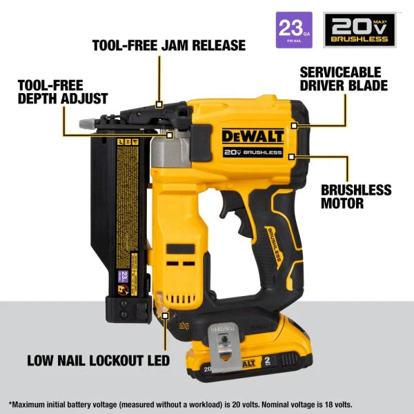 2025 Clavadora sin cable DeWalt ATOMIC 20V MAX Brushless – Kit 23 Ga, para clavos de 16 a 38 mm
