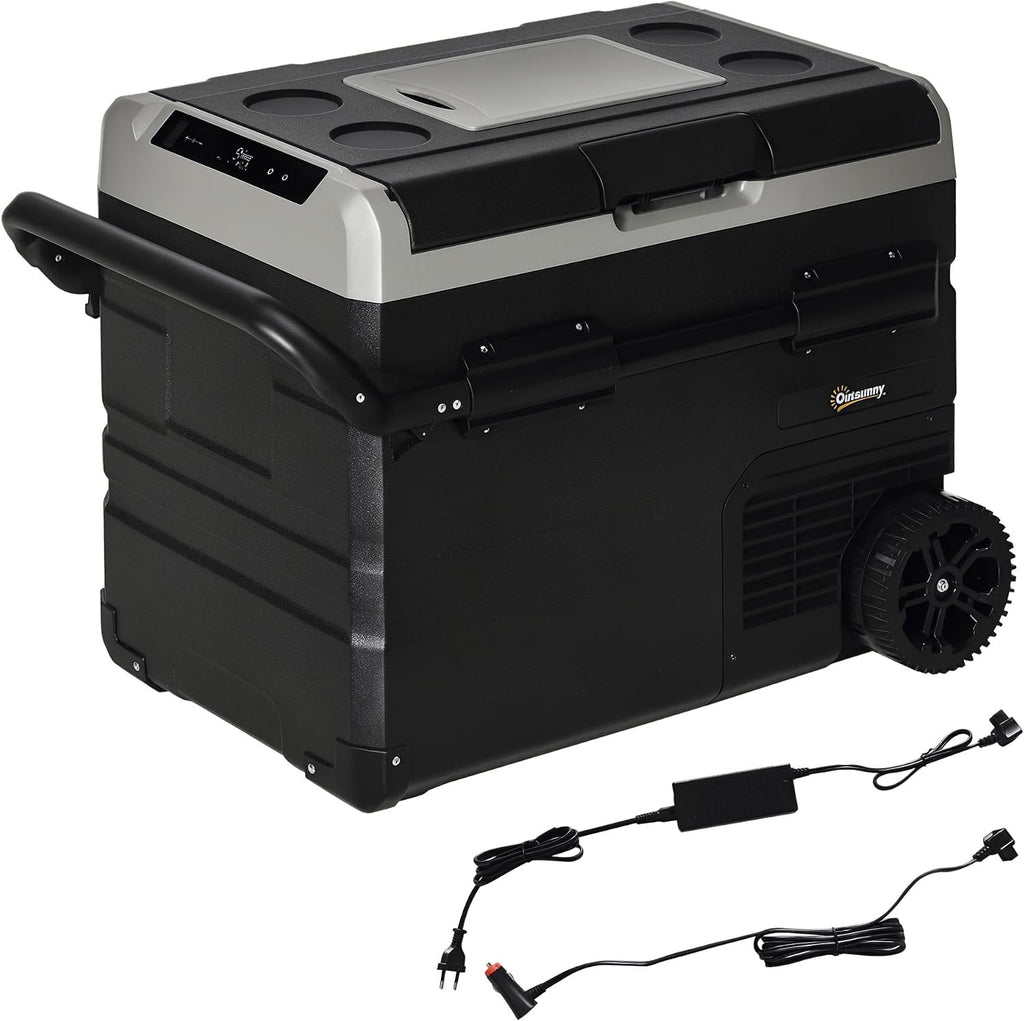 Outsunny Nevera Compresor Portátil 60L Nevera Portátil Eléctrica para Coche Congelador CC 12V/24V hasta -20℃ con Pantalla LED Táctil Asa Retráctil Ruedas para Camping Viajes 71,1x46x57,1 cm Negro