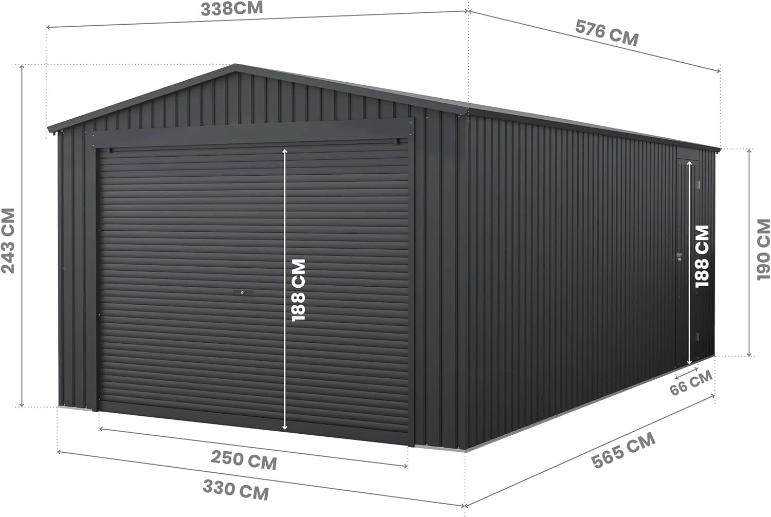 Wasabi - Garaje Metálico 19,52m2 Jarama – Portón Amplio Enrollable - Resguardo Exterior Coche - Cierre Seguridad Llave - Puerta Lateral Peatonal - Cochera Cobertizo Jardín Almacenaje – 576x338x243cm